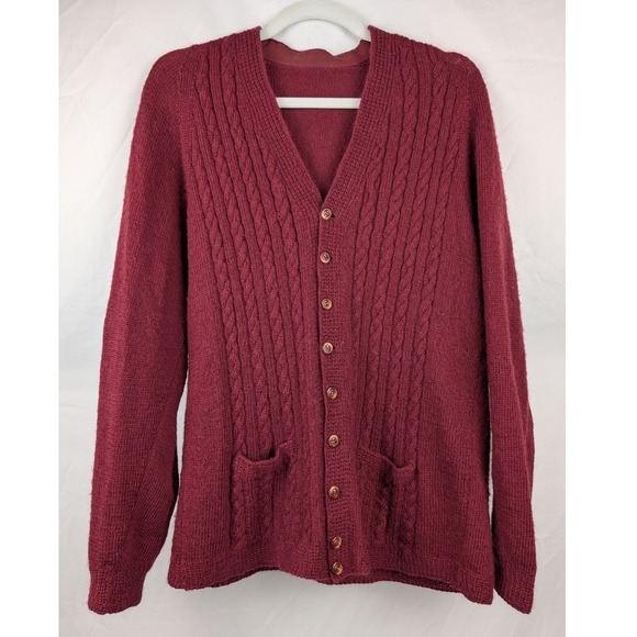 Vtg Womens Wool Cable Knit Cardigan Burgundy V Neck Button Long Sleeve Preppy - Picture 2 of 10